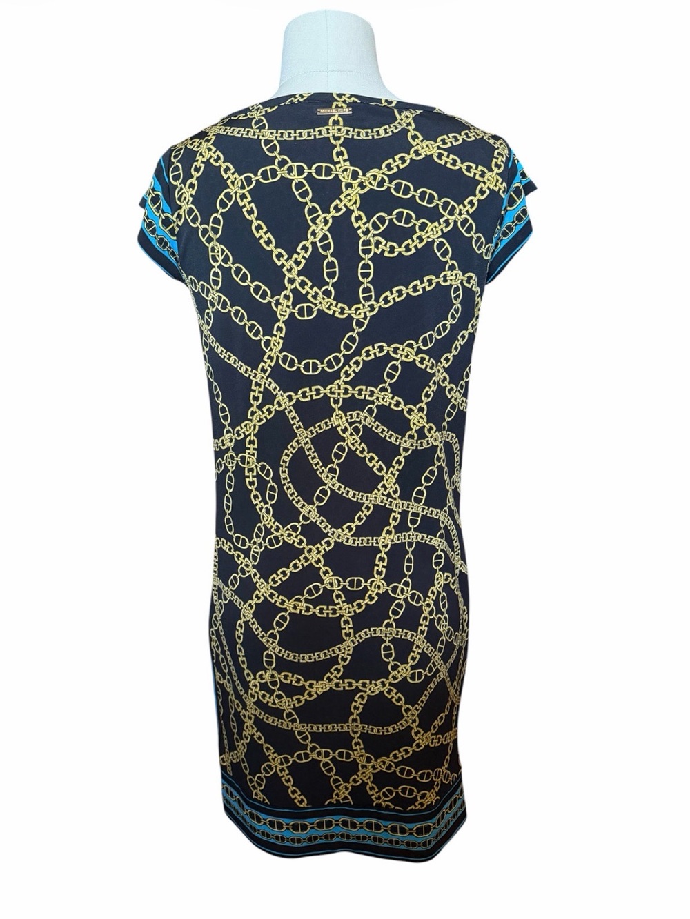 Michael Kors Black & Gold Chain-Print Cap-Sleeve Mini Dress with Teal Trim - Picture 7 of 8